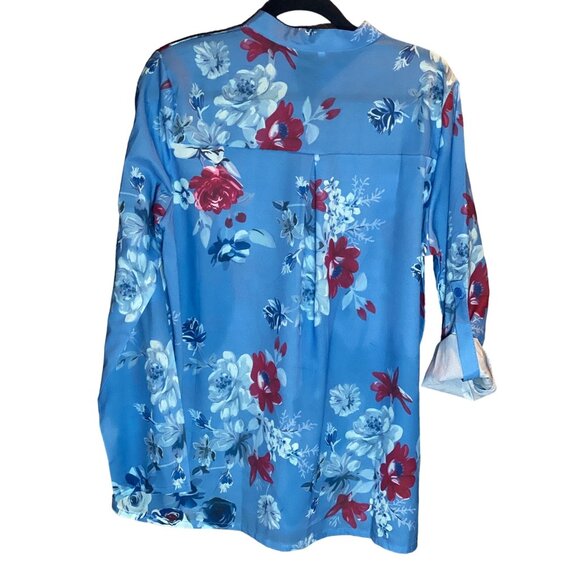 Floral Blue Half Button Roll Tab Sleeve Top Women  XXL - Picture 6 of 9